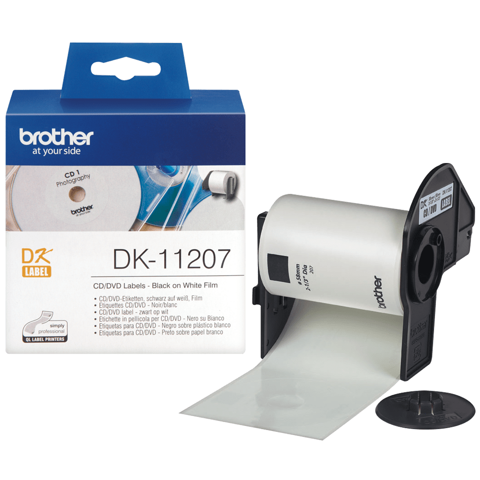 Etykiety Brother DK-11207 czarny nadruk na białym tle, 58 mm średnicy 100szt etykiet na rolce FOLIOWE oryginalna