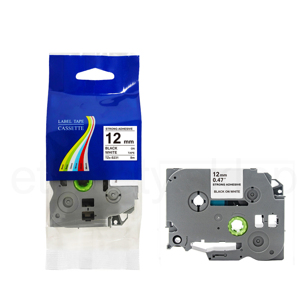 Taśma do Brother Tze-S231 12mm 8m biała taśma czarny napis mocny klej strong