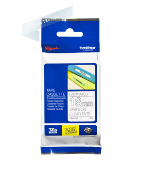 Taśma Brother TZe-145 18mm 8m przeźroczysta taśma biały napis oryginalna