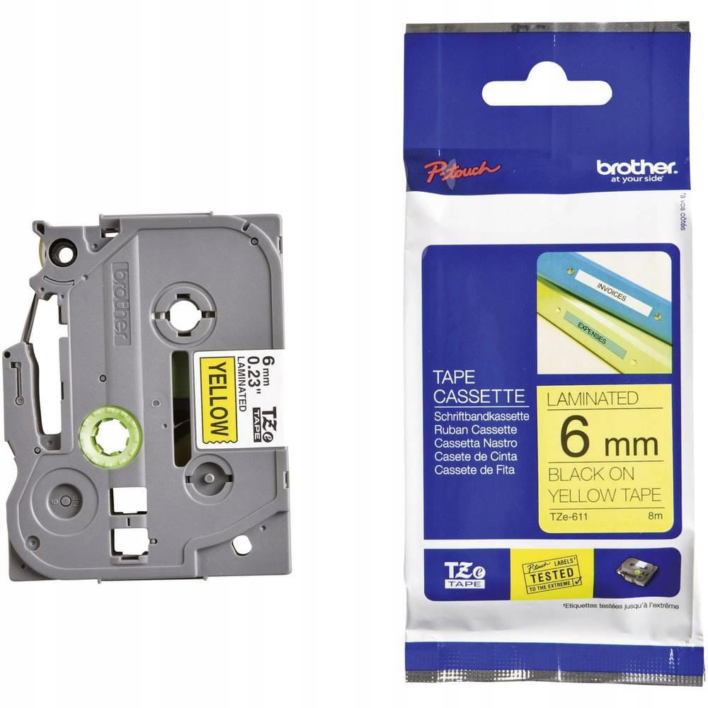 Taśma Brother TZe-611 6mm 8m żółta taśma czarny napis oryginalna