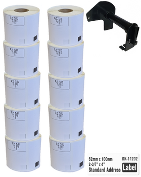 10x Etykiety do Brother DK-11202 czarny nadruk na białym tle, 100mm x 62mm 300szt etykiet na rolce WYMIENNY UCHWYT