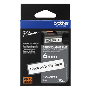 Taśma Brother Tze-S211 6mm 8m biała taśma czarny napis mocny klej strong oryginalna