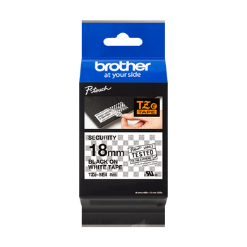Taśma Brother TZe-SE4 18mm 8m biała taśma czarny napis PLOMBOWA oryginalna