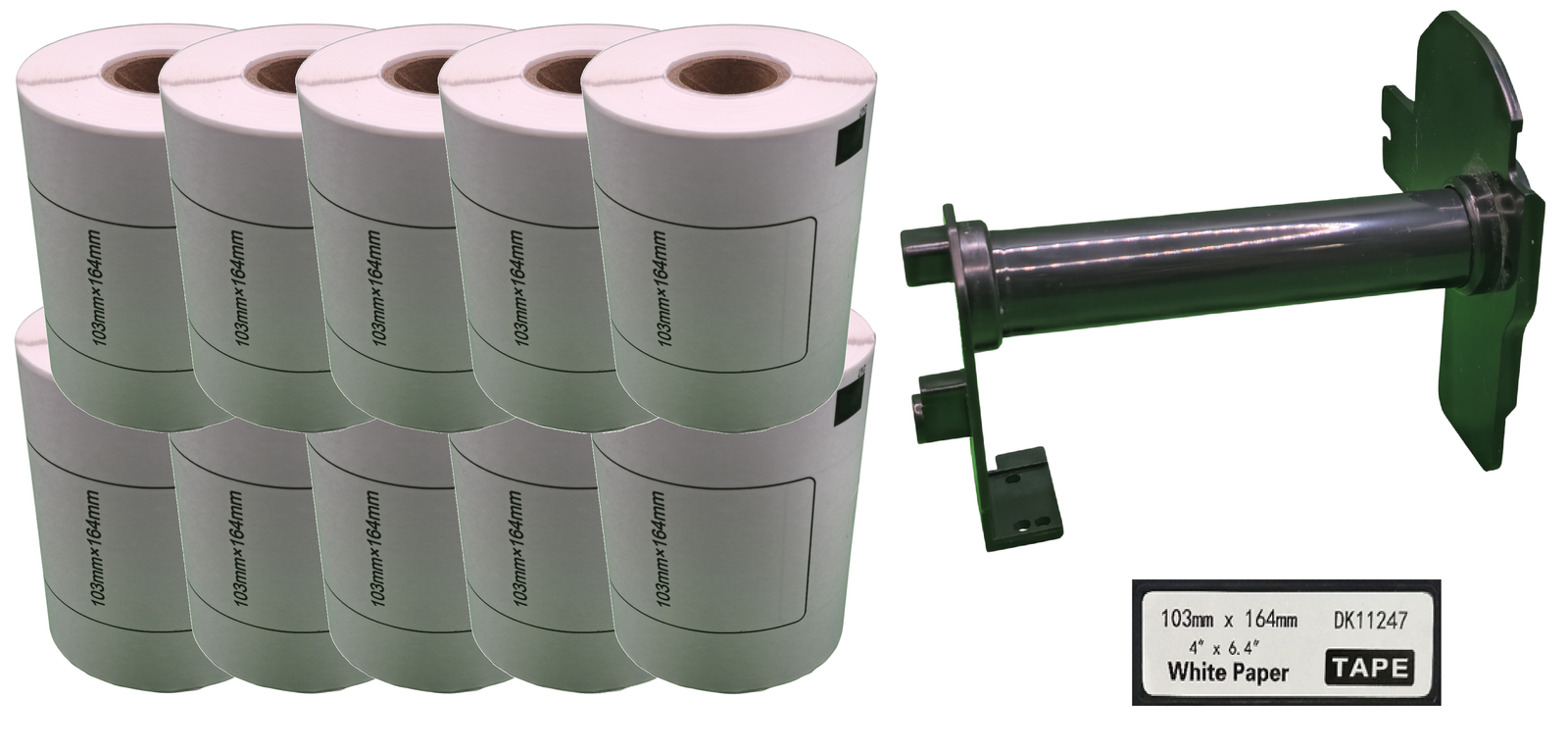 10x Etykiety do Brother DK-11247 czarny nadruk na białym tle 103mm x 164mm 180szt etykiet na rolce WYMIENNY UCHWYT