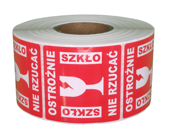 Etykiety naklejki OSTROŻNIE SZKŁO, 55x55mm, fi 40mm, 1000 sztuk
