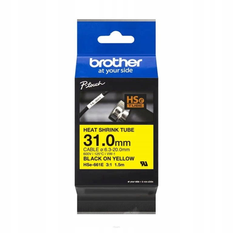 Rurka termokurczliwa Brother HSe-661E 31mm 1.5m ø6.3mm-20mm żółta rurka czarny nadruk oryginalna