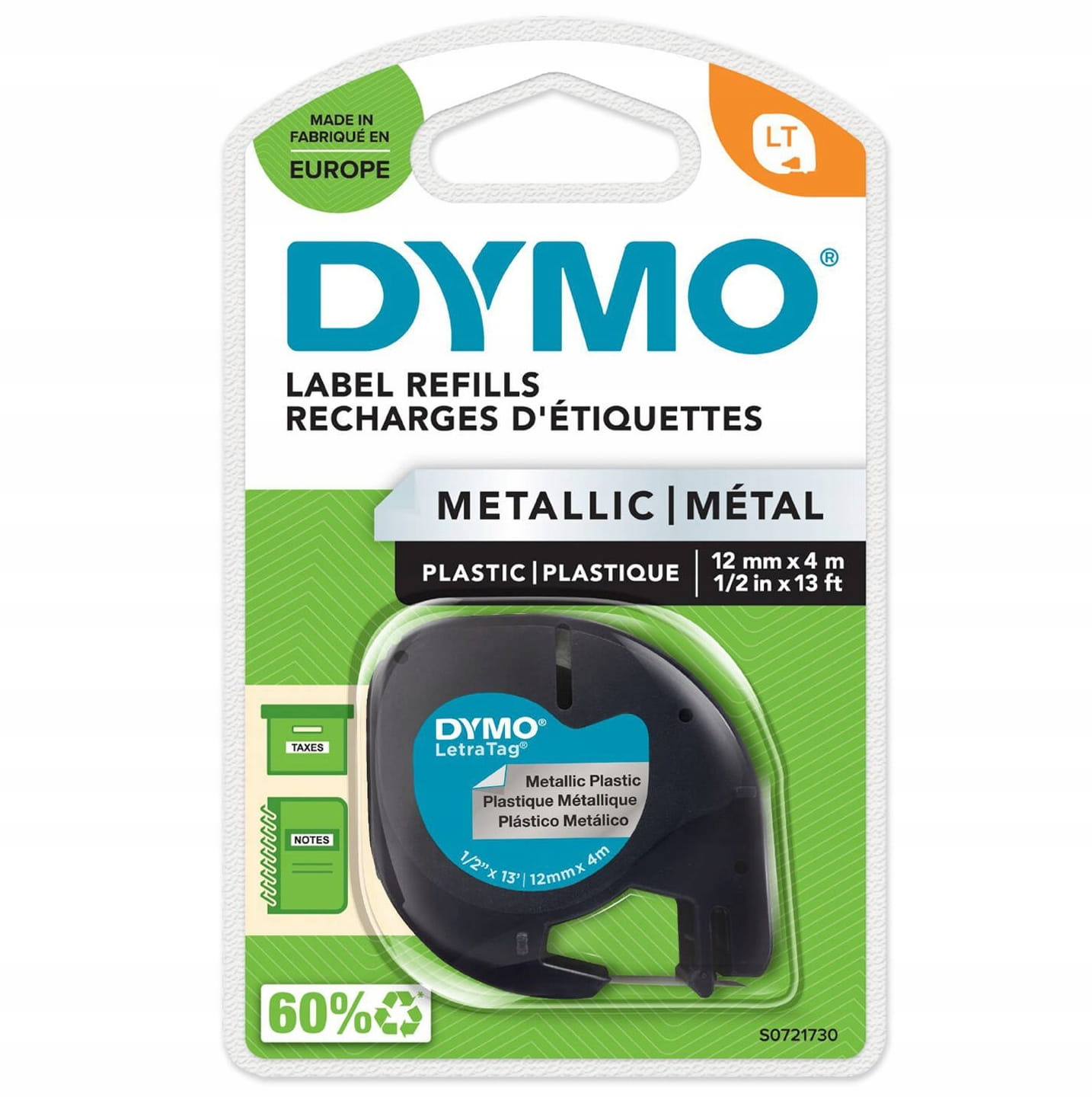 Taśma do Dymo Letra Tag 91208 12mm 4m srebrna taśma, czarny napis METALICZNA S0721730