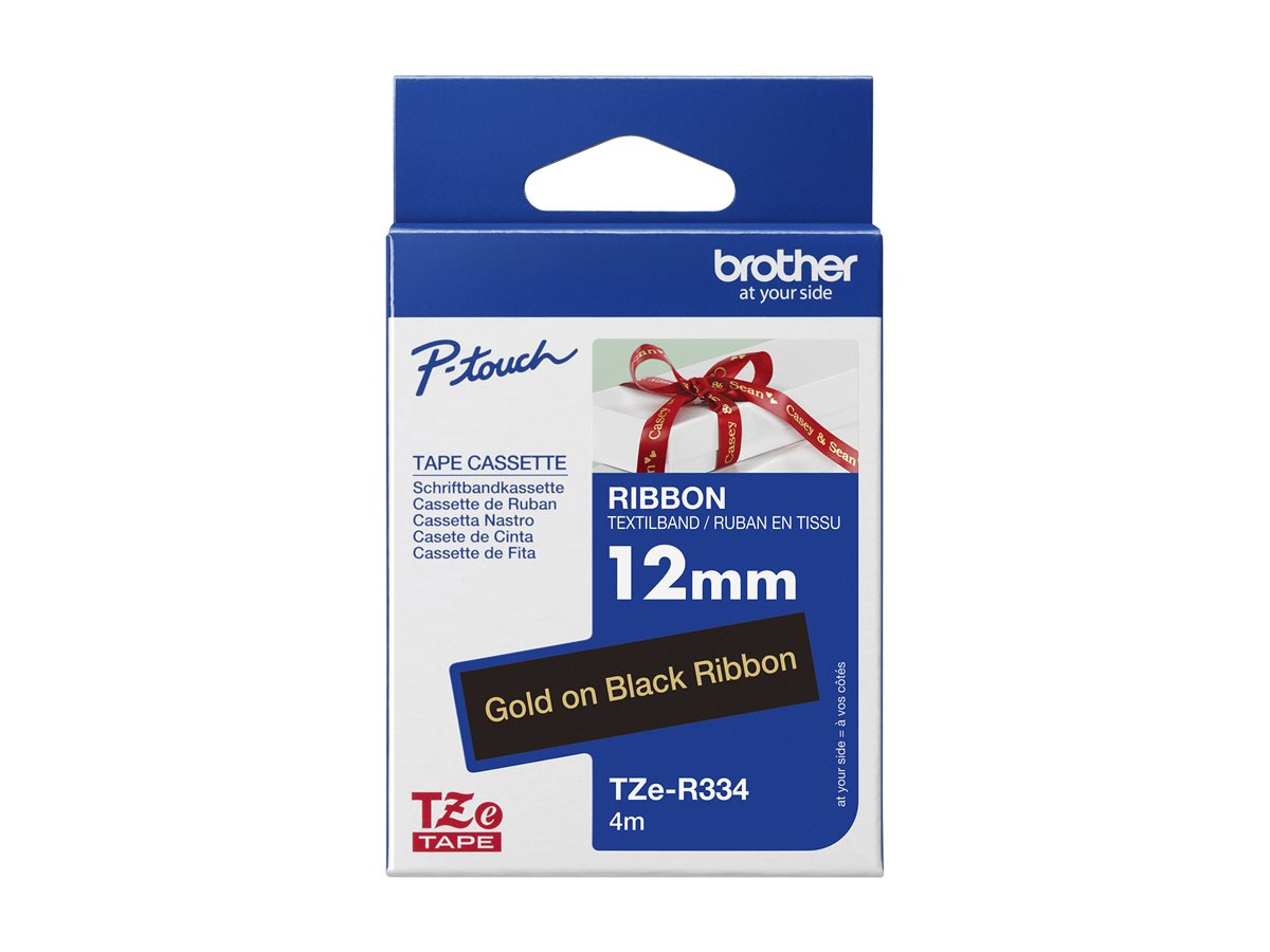 Taśma Brother TZe-R334 12mm 4m czarna taśma złoty napis wstążka oryginalna