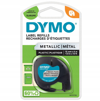 Taśma do Dymo Letra Tag 91208 12mm 4m srebrna taśma, czarny napis METALICZNA S0721730