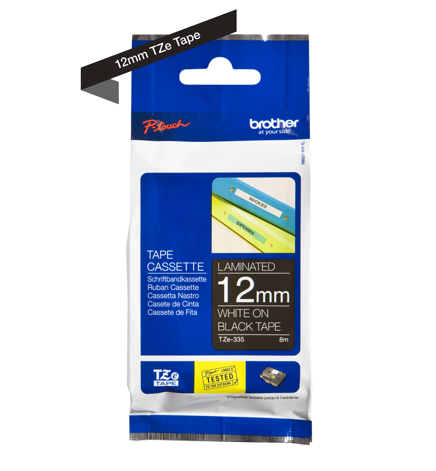 Taśma Brother TZe-335 12mm 8m czarna taśma biały napis oryginalna