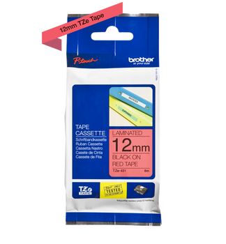 Taśma Brother TZe-431 12mm 8m czerwona taśma czarny napis oryginalna