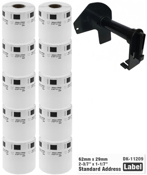 10x Etykiety do Brother DK-11209 czarny nadruk na białym tle, 62mm x 29mm 800szt etykiet na rolce WYMIENNY UCHWYT