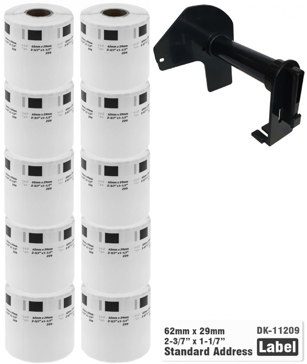 10x Etykiety do Brother DK-11209 czarny nadruk na białym tle, 62mm x 29mm 800szt etykiet na rolce WYMIENNY UCHWYT
