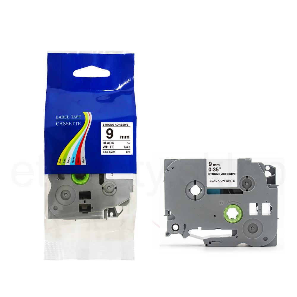 Taśma do Brother Tze-S221 9mm 8m biała taśma czarny napis mocny klej strong