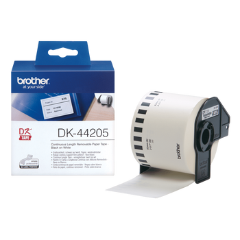 Taśma Brother DK-44205 czarny nadruk na białym tle, 62mm x 30,48 metrów na rolce USUWALNY KLEJ oryginalna
