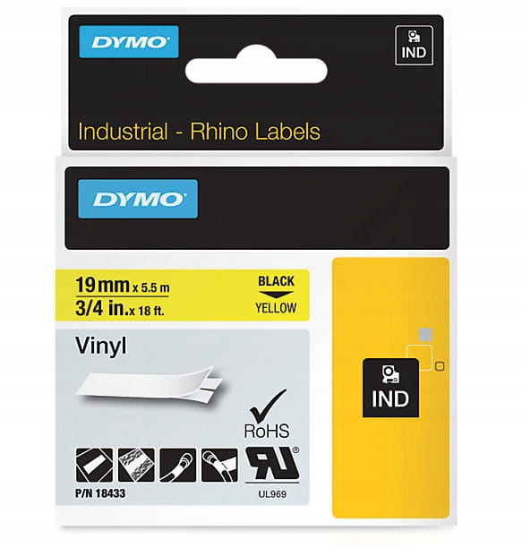 Taśm Dymo 18433 WINYLOWA 19mm 5,5m żółta czarny nadruk
