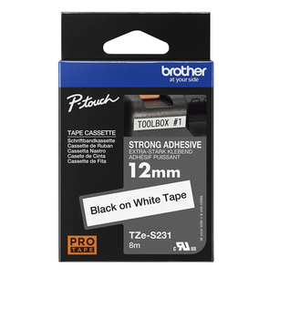 Taśma Brother Tze-S231 12mm 8m biała taśma czarny napis mocny klej strong oryginalna