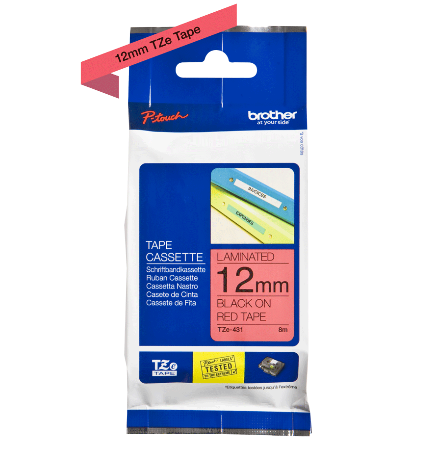 Taśma Brother TZe-431 12mm 8m czerwona taśma czarny napis oryginalna