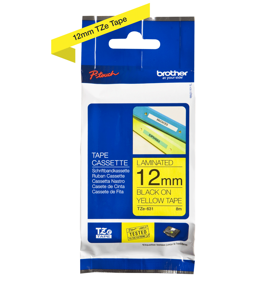 Taśma Brother TZe-631 12mm 8m żółta taśma czarny napis oryginalna