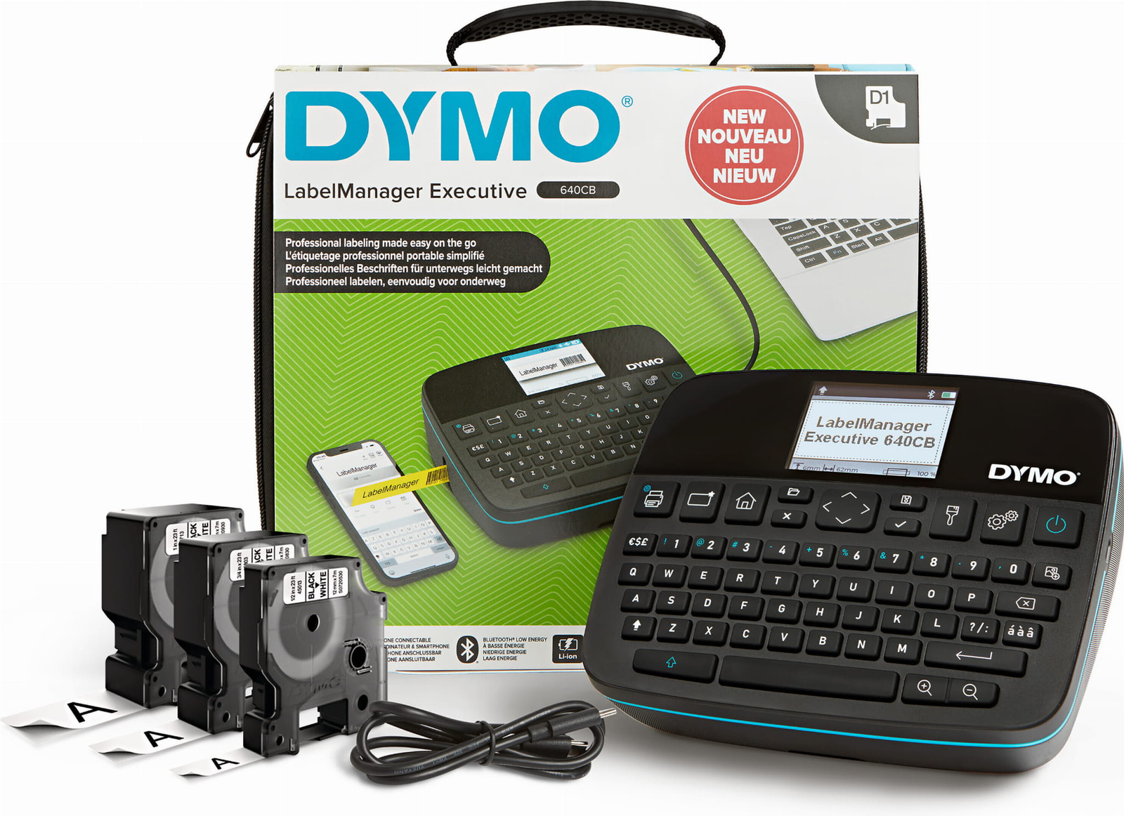 Drukarka Etykiet DYMO LabelManager LM640CB + 3x Taśma D1 9-24mm + Walizka