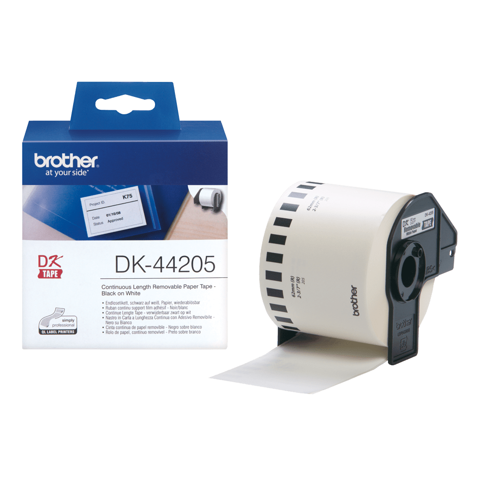 Taśma Brother DK-44205 czarny nadruk na białym tle, 62mm x 30,48 metrów na rolce USUWALNY KLEJ oryginalna