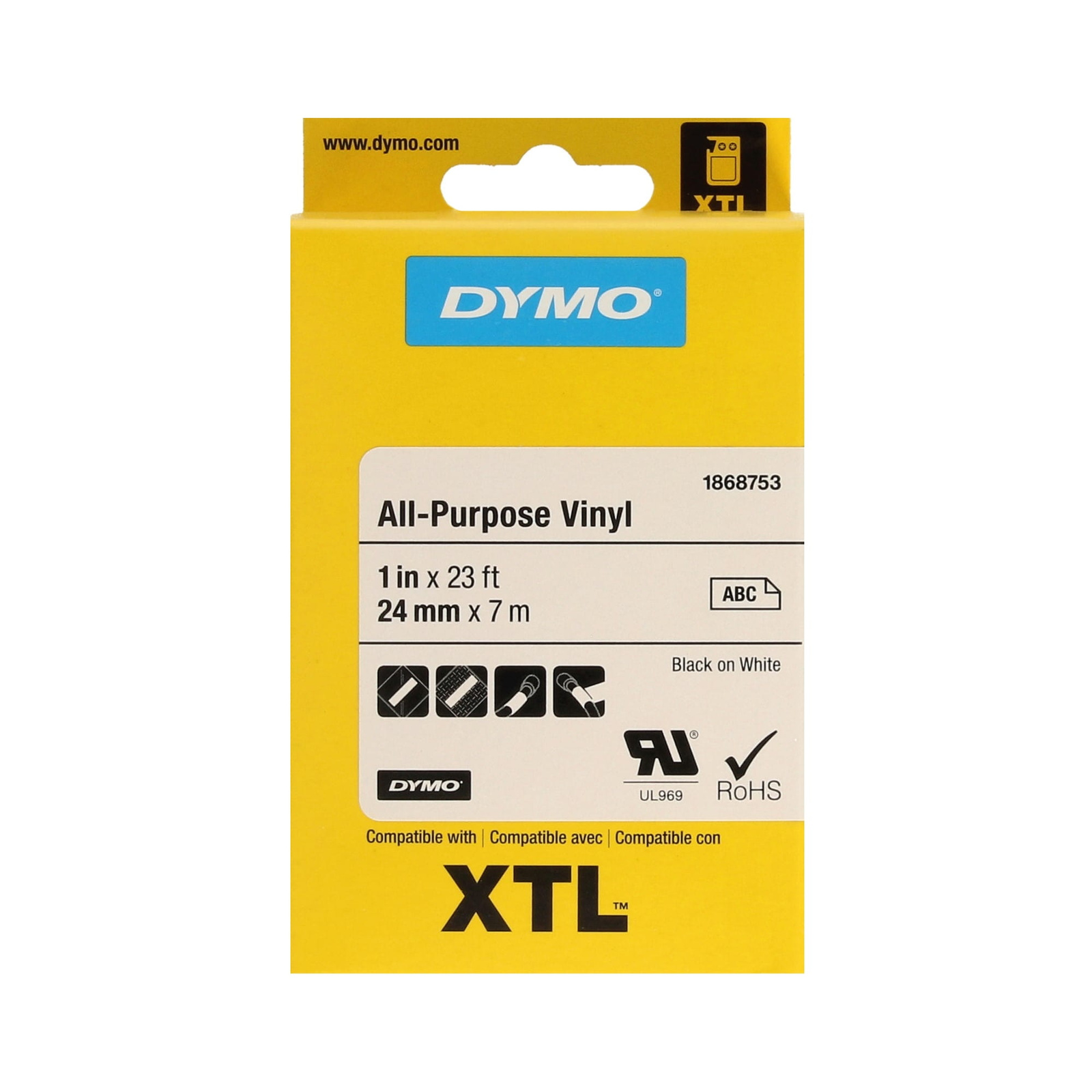 DYMO XTL 1868753 Taśma winylowa czarn napis biała taśma 24mm 7m