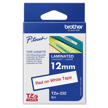 Taśma Brother TZe-232 12mm 8m biała taśma czerwony napis oryginalna