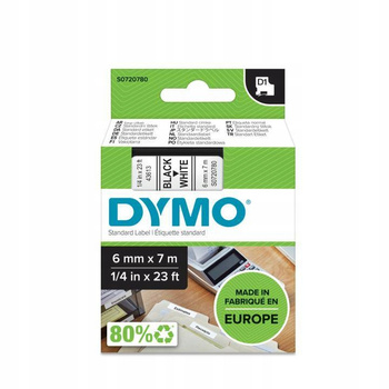 Taśma Dymo D1 43613 6mm 7m biała taśma czarny napis S0720780 oryginalna