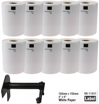 10x Etykiety do Brother DK-11241 czarny nadruk na białym tle, 102mm x 152mm 200szt etykiet na rolce WYMIENNY UCHWYT