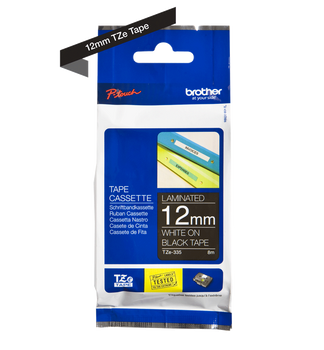 Taśma Brother TZe-335 12mm 8m czarna taśma biały napis oryginalna