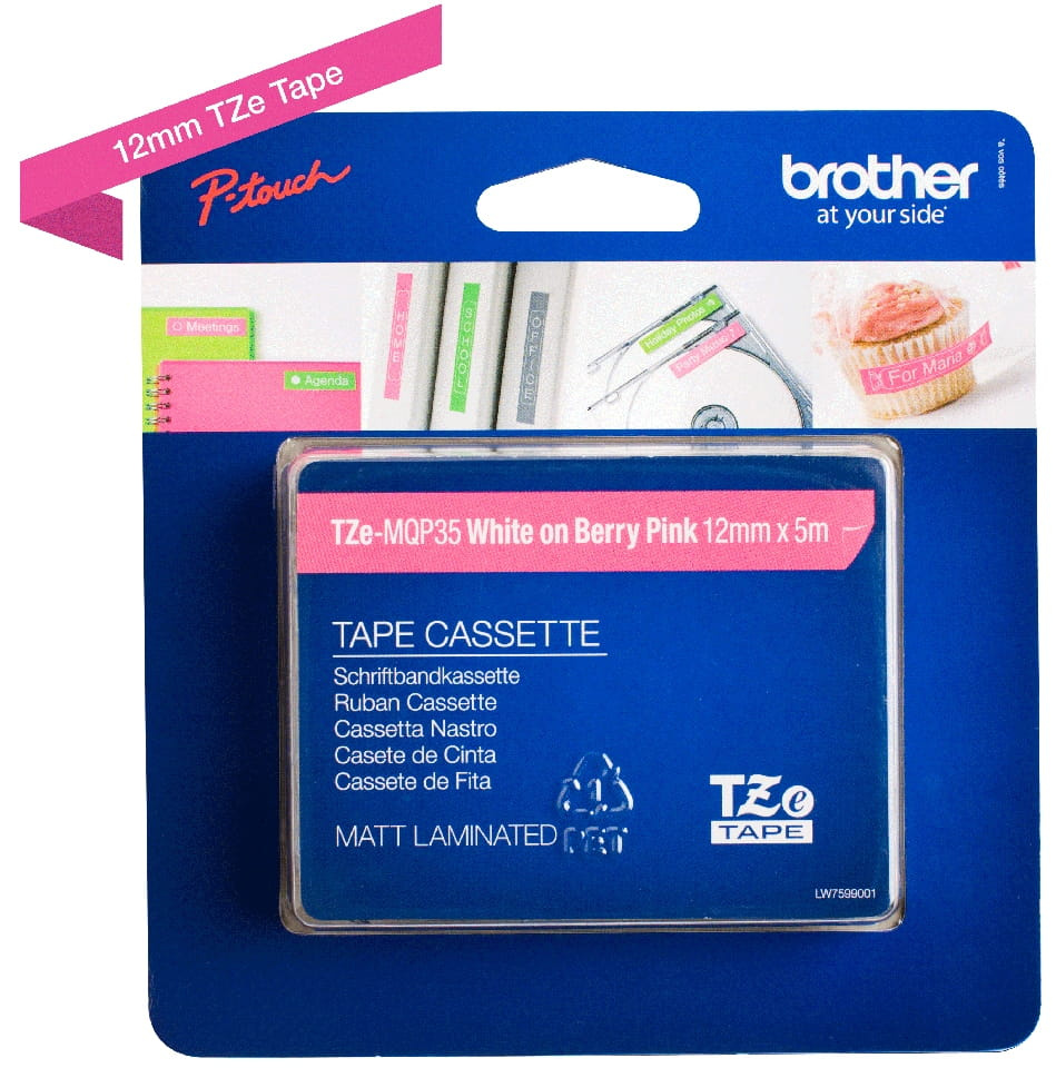 Taśma Brother TZe-MQP35 12mm 5m różowa taśma biały napis matowa oryginalna