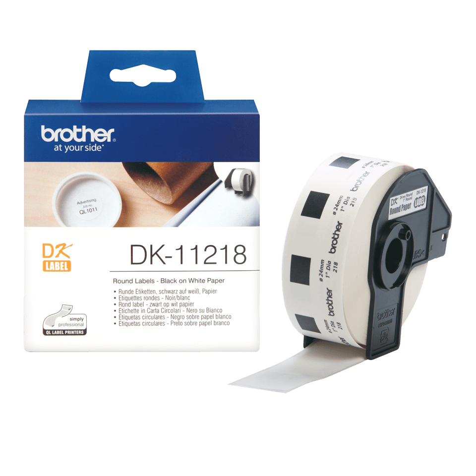 Etykiety Brother DK-11218 czarny nadruk na białym tle, 24 mm średnicy 1000szt etykiet na rolce oryginalna