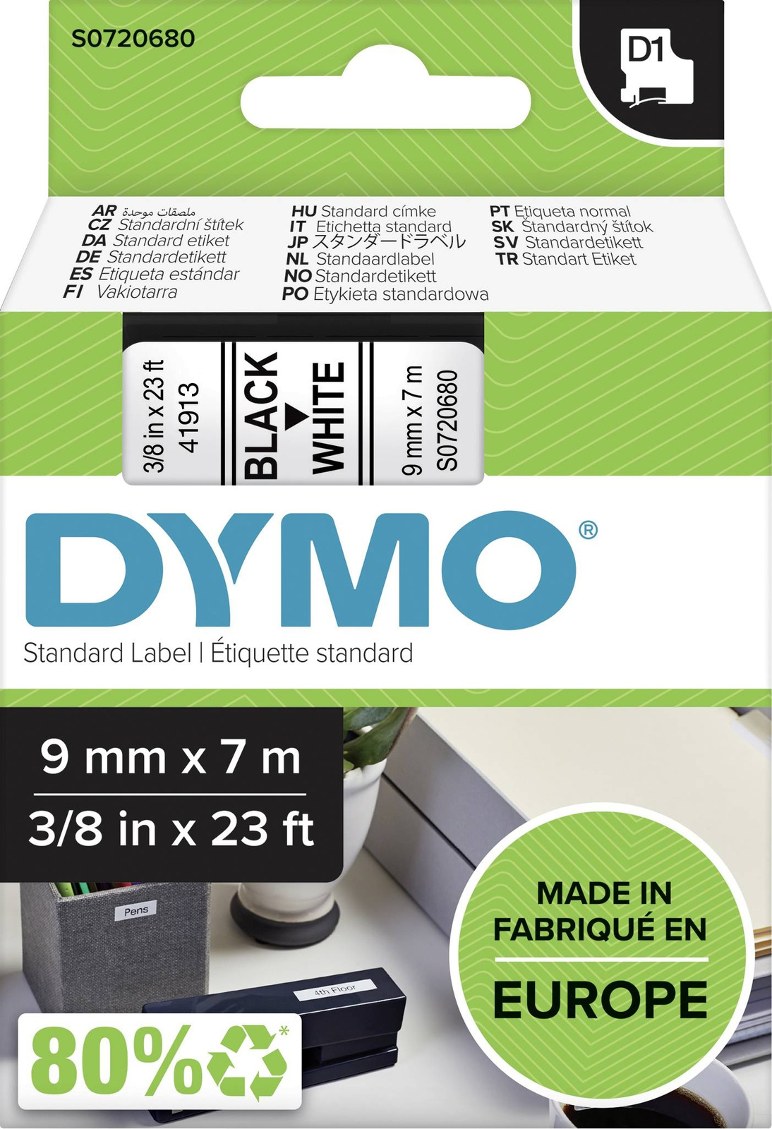 Taśma Dymo D1 40913 9mm 7m biała taśma czarny napis S0720680