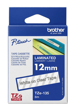 Taśma Brother TZe-135 12mm 8m przeźroczysta taśma biały napis oryginalna