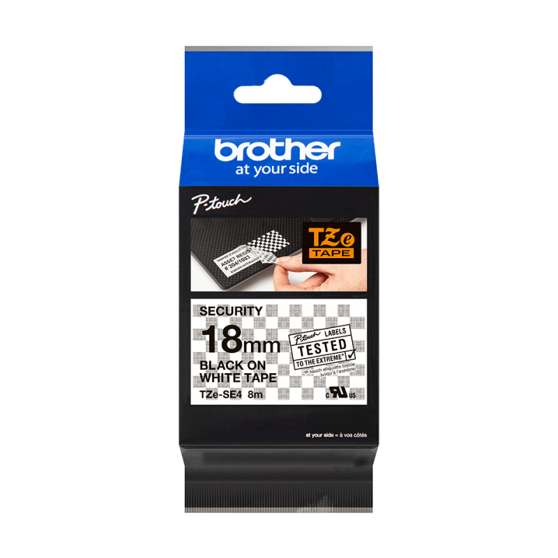 Taśma Brother TZe-SE4 18mm 8m biała taśma czarny napis PLOMBOWA  oryginalna