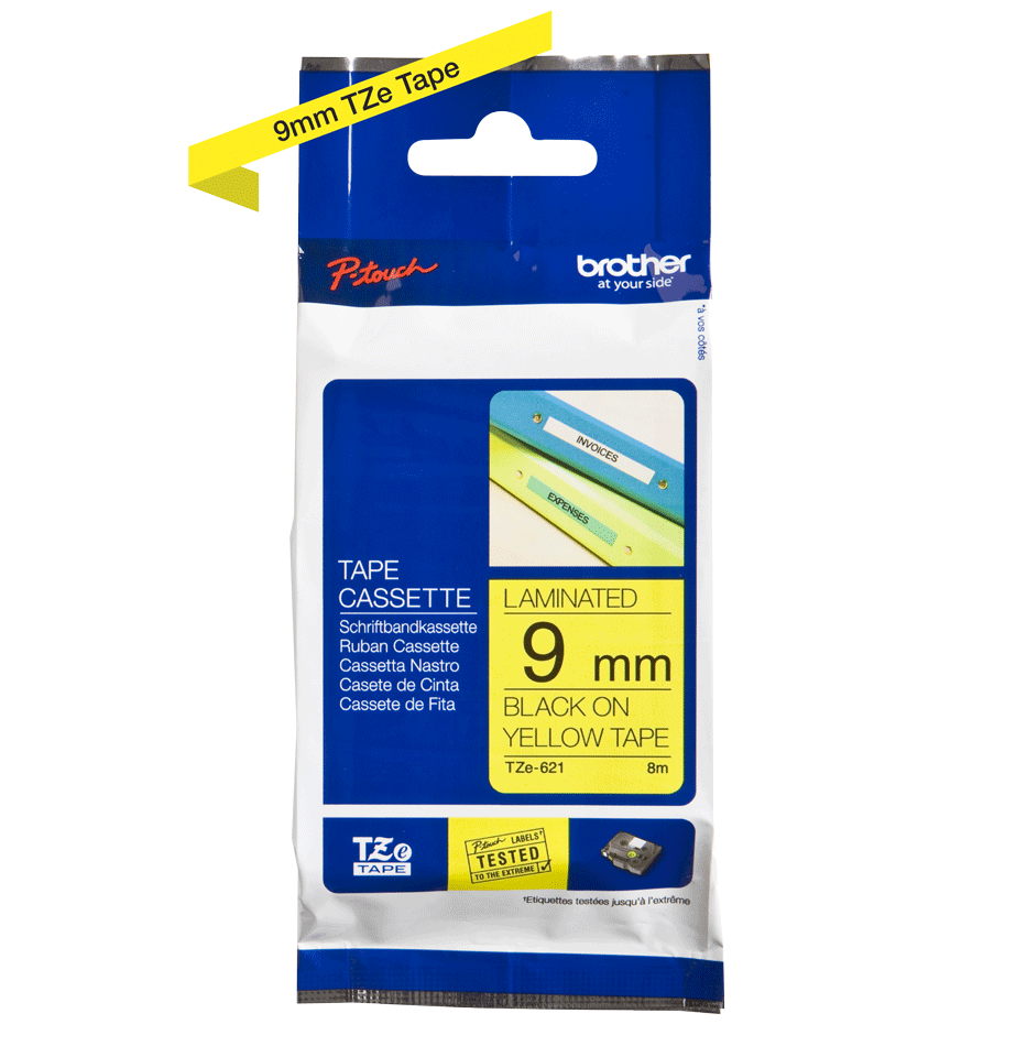 Taśma Brother TZe-621 9mm 8m żółta taśma czarny napis oryginalna