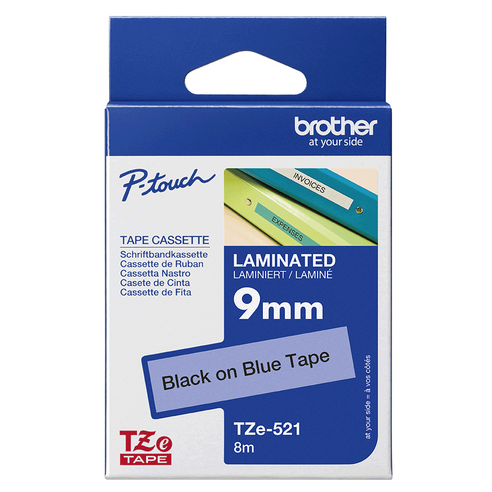 Taśma Brother TZe-521 9mm 8m niebieska taśma czarny napis oryginalna