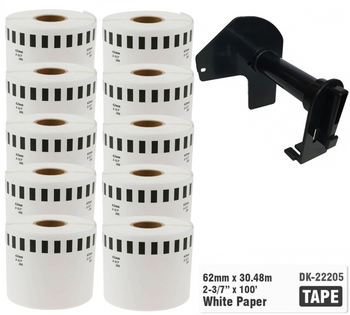 10x Taśma do Brother DK-22205 czarny nadruk na białym tle, 62mm x 30,48 metrów na rolce WYMIENNY UCHWYT