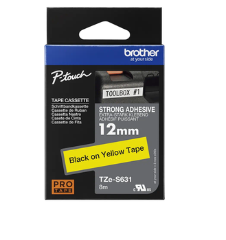 Taśma Brother TZe-S631 12mm 8m żółta taśma czarny napis mocny klej strong oryginalna