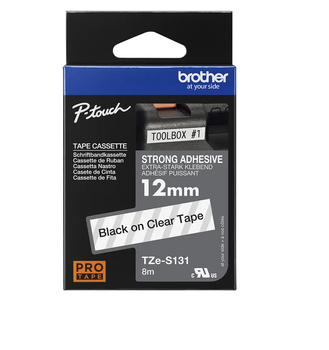 Taśma Brother TZe-S131 12mm 8m przeźroczysta taśma czarny napis mocny klej strong oryginalna