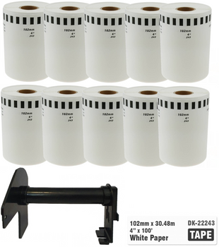 10x Taśma do Brother DK-22243 czarny nadruk na białym tle, 102mm x 30,48 metrów na rolce WYMIENNY UCHWYT