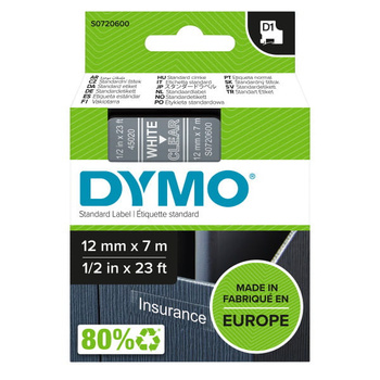 Taśma Dymo D1 45020 12mm 7m przeźroczysta taśma biały napis S0720600