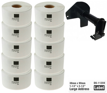 10x Etykiety do Brother DK-11208 czarny nadruk na białym tle, 38mm x 90mm 400szt etykiet na rolce WYMIENNY UCHWYT
