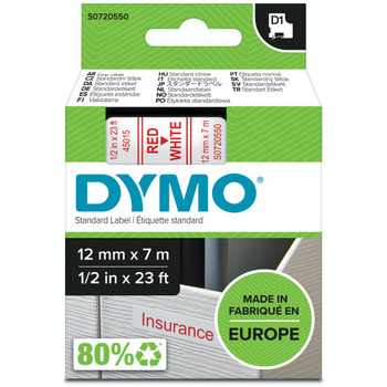 Taśma Dymo D1 45015 12mm 7m biała taśma czerwony napis S0720550