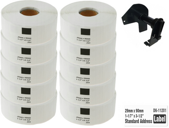 10x Etykiety do Brother DK-11201 czarny nadruk na białym tle, 29mm x 90mm 400szt etykiet na rolce WYMIENNY UCHWYT