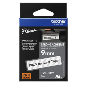 Taśma Brother TZe-S121 9mm 8m przeźroczysta taśma czarny napis mocny klej strong oryginalna