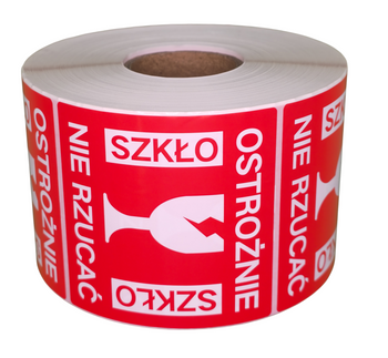 Etykiety naklejki OSTROŻNIE SZKŁO, 77x77mm, fi 40mm, 1000 sztuk