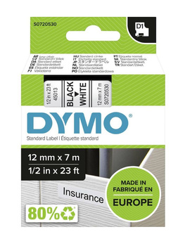 Taśma Dymo D1 45013 12mm 7m biała taśma czarny napis S0720530 oryginalna