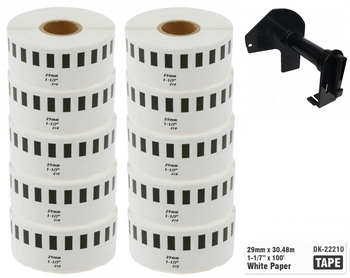 10x Taśma do Brother DK-22210 czarny nadruk na białym tle, 29mm x 30,48 metrów na rolce WYMIENNY UCHWYT