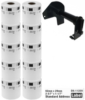10x Etykiety do Brother DK-11209 czarny nadruk na białym tle, 62mm x 29mm 800szt etykiet na rolce WYMIENNY UCHWYT